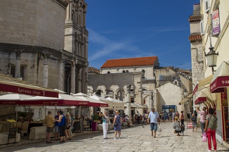 SPLIT, CROATIA - AUGUST 31, 2014: Tourists walking in the Old Town on a summer day. Split is popular touristic coastal destination in Croatia.のeditorial素材