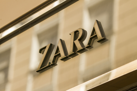 MADRID, SPAIN - MARCH 17, 2016: Zara sign in Madrid. Zara is Spanish clothing and accessories retailer.のeditorial素材
