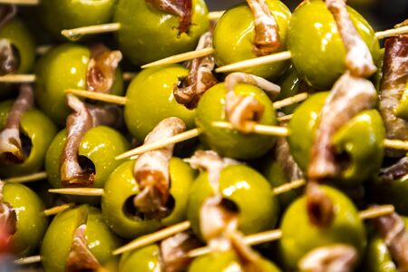Closeup of the olives with hamの写真素材