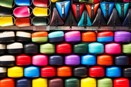 Close view at colorful leather cases for glassesの写真素材
