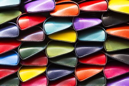 Close view at colorful leather cases for glassesの写真素材