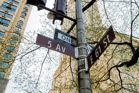 NEW YORK, USA - APRIL 21, 2016: Street signs on the street of New York. With more than 8 million citizens it is the most populous city in the United Statesのeditorial素材