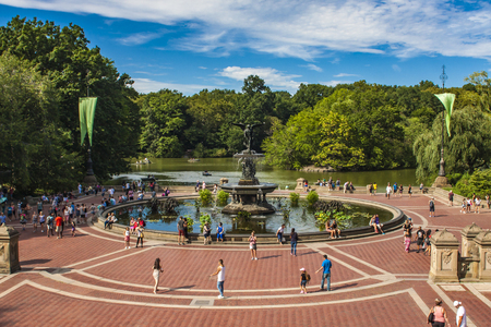 NEW YORK, USA - AUGUST 17, 2016: Unidentified people by Bethesda fountain in Central Park in New York. Fountain was creted in 1864.のeditorial素材