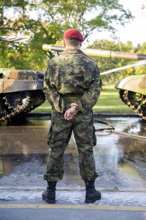 BELGRADE, SERBIA, OCTOBER 10, 2014: Unidentified soldier of Serbian Armed Forces. Soldiers are preparing for marking the 70th anniversary of Belgrade liberation in WWII.のeditorial素材