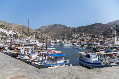 HYDRA, GREECE - AUGUST 29, 2016: Boats at town Hydra on Hydra island in Greece. Hydra is one of the Saronic Islands of Greece.のeditorial素材