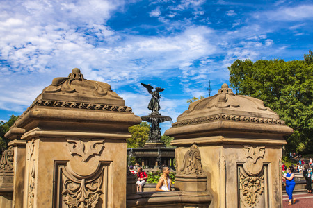 NEW YORK, USA - AUGUST 17, 2016: Unidentified people by Bethesda fountain in Central Park in New York. Fountain was creted in 1864.のeditorial素材