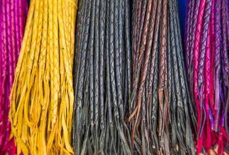 Close view at leather bracelets in Essaouiraの写真素材