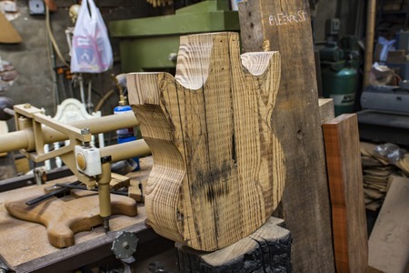 NEW YORK, USA - AUGUST 16, 2016: Detail from Carmine Street Guitars workshop in New York. In the store are handmade vintage style custom  guitars by luthier Rick Kelly.のeditorial素材