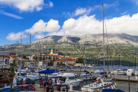KORCULA, CROATIA - SEPTEMBER 8, 2016: Detail of the marina at Korcula island, Croatia. Korcula is one of the most popular tourist destinations in Croatia.のeditorial素材
