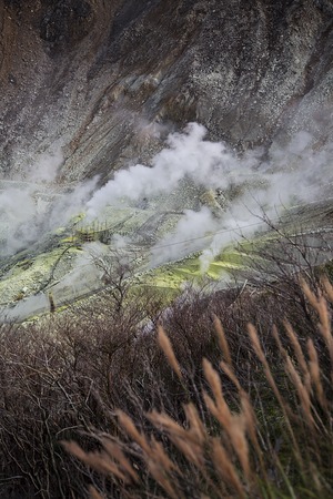 View at volcanic valey with hot springs at Owakudani, Japanの写真素材