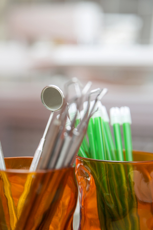 Close up view of dental tools in a dental officeの写真素材