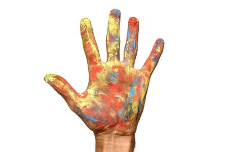 Human hand in paints isolated on the whiteの写真素材