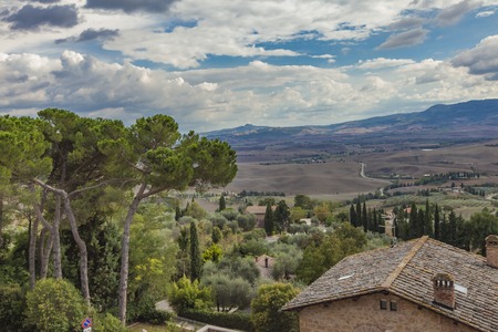 A beautiful view of hilltop village at Pienza in Tuscany Italyの写真素材