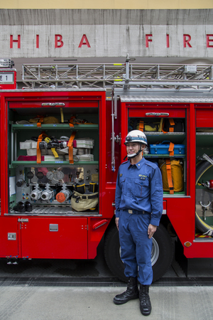 TOKYO, JAPAN - OCTOBER 3, 2016: Unidentified firefighter from Tokyo Fire department. Tokyo Fire Department is the largest urban fire department in the world.のeditorial素材