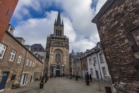 AACHEN, GERMANY - FEBRUARY 22, 2015: Unidentified people in front of Aachen Cathedral in Germny. Cathedral is UNESCO World Heritage Site since 1978.のeditorial素材