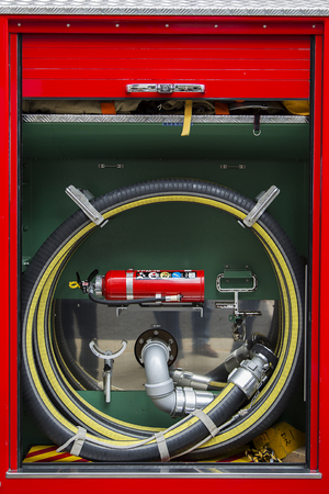 TOKYO, JAPAN - OCTOBER 3, 2016: Detail of equipment at pumper unit from Tokyo Fire department. Tokyo Fire Department is the largest urban fire department in the world.のeditorial素材