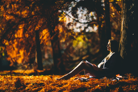 Beautiful pregnant woman sitting under tree , with pleasure expecting  baby and having happy pregnancy timeの写真素材