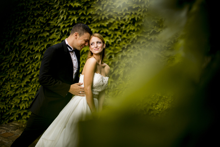 Bride and groom posing at summer park outdoorsの写真素材