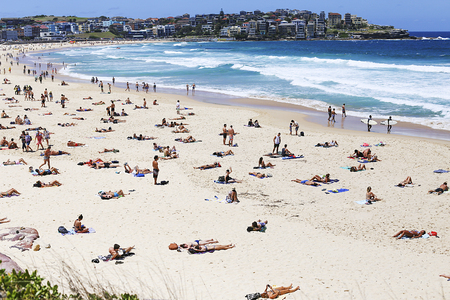 SYDNEY, AUSTRALIA - JANUARY 21, 2017: Unidentified people on Bondi beach at Sydney, Australia. This popular beach was founded at 1851.のeditorial素材