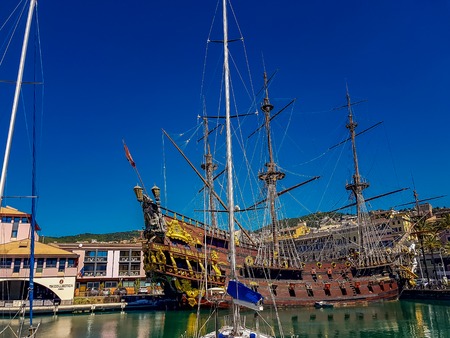 GENOA, ITALY - APRIL 29, 2017: Galleon Neptun in Porto antico in Genoa, Italy. It is a ship replica of a 17th century Spanish galleon built in 1985 for Roman Polanski's film Pirates.のeditorial素材