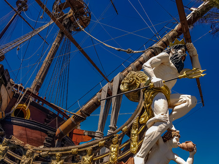 GENOA, ITALY - APRIL 29, 2017: Galleon Neptun in Porto antico in Genoa, Italy. It is a ship replica of a 17th century Spanish galleon built in 1985 for Roman Polanski's film Pirates.のeditorial素材