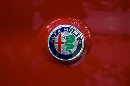 BELGRADE, SERBIA - MARCH 28, 2017: Detail of the Alfa Romeo car. Alfa Romeo Automobiles is Italian...