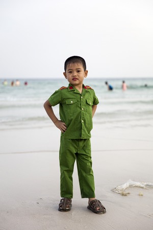 SAO BEACH, VIETNAM - FEBRUARY 28, 2017: Unidentified boy on the Sao beach in Vietnam. Sao beach is one of the best beaches of Vietnam.のeditorial素材