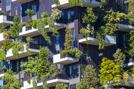 MILAN, ITALY-APRIL 28, 2017: Detail of the Bosco Verticale in Milan, Italy. It is a pair of residential towers in the Porta Nuova district of Milan that host more than 900 trees.のeditorial素材