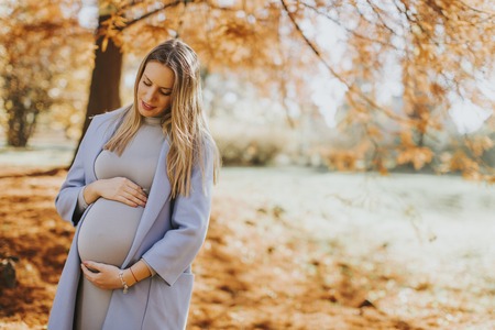 Beautiful pregnant woman outdoors, expecting baby and having happy pregnancy timeの写真素材