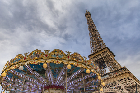 View at vintage carousel and Eiffel tower in Paris, Franceの写真素材