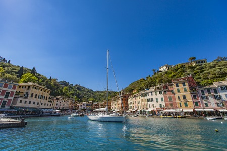 PORTOFINO, ITALY - APRIL 29, 2017: Unidentified peoplpe at Portofino, Italy. Portofino is an Italian fishing village and vacation resort famous for its picturesque harbour.のeditorial素材