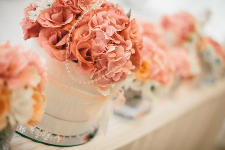 Closeup detail of the flower wedding decorationの写真素材