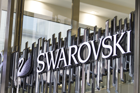 MILAN, ITALY - APRIL 24, 2017: Detail of the Swarovski store in Milan, Italy.  It is an Austrian producer of luxury cut lead glass (crystal), founded at 1895.のeditorial素材