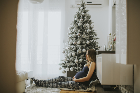 Pretty young pregnant woman by the Christmas tree in the roomの写真素材