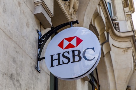PARIS, FRANCE - JUNE 16, 2017: Detail from HSBC bank in Paris, France. With more than 7500 offices and 85000 employees it is one of the largest banking and financial services organisations in the world.のeditorial素材
