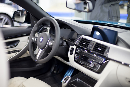 BELGRADE, SERBIA - MARCH 28, 2017: Interrior of the BMW car. BMW is a German luxury vehicle, motorcycle and engine manufacturing company founded in 1916のeditorial素材