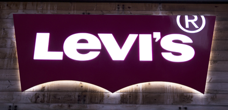 NEW YORK, USA - AUGUST 31, 2017: Detail of the Levi Strauss and Co. shop in New York. Levi's company was founded in 1853 and now have more than 2,800 company-operated stores.のeditorial素材