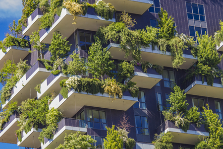 MILAN, ITALY - APRIL 28, 2016: Detail of the Bosco Verticale in Milan, Italy. It is a pair of residential towers in the Porta Nuova district of Milan that host more than 900 trees.のeditorial素材
