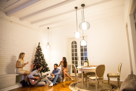 Happy Young people celebrating Christmas and New Year by fir-tree at homeの写真素材