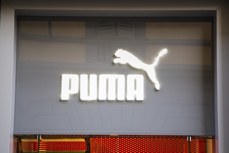 FLORENCE, ITALY - MAY 27, 2016: Detail of the Puma store in Florence, Italy. It is European multinational company for forathletic and casual footwear founded at Germany in 1948.のeditorial素材