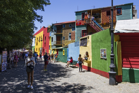 BUENOS AIRES, ARGENTINA - JANUARY 20, 2018: Unindentified people at Caminito street in La Boca, Buenos Aires, Argentina. This 100m long traditional alley full of colorful houses was one of biggest tourist hotspot in Buenos Aires.のeditorial素材