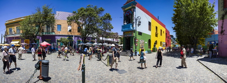 BUENOS AIRES, ARGENTINA - JANUARY 20, 2018: Unidentified people at Caminito street in La Boca, Buenos Aires, Argentina. This 100m long traditional alley full of colorful houses was one of biggest tourist hotspot in Buenos Aires.のeditorial素材