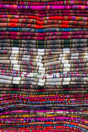 Colorful traditional Bolivian fabrics on the market in Copacabana, Bolivia
