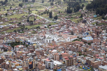 Aerial view at town Copacabana on Titicaca lake in Boliviaの写真素材