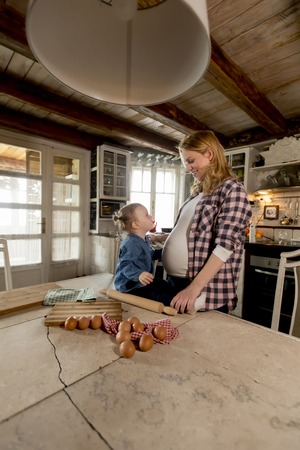Pregnant woman and little daughter in the rustic kitchen preparing mealの写真素材