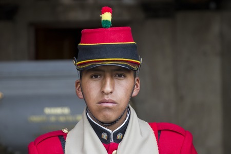 LA PAZ, BOLIVIA - JANUARY 12, 2018: Unidentified soldier at Mausoleum of Marshal Andres de Santa Cruz in La Paz, Bolivia.のeditorial素材