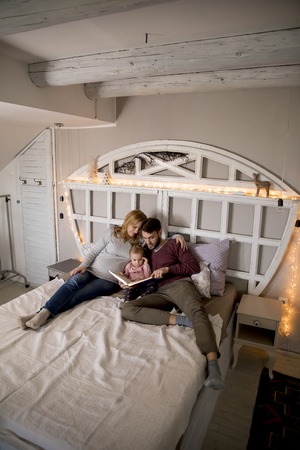 Young parent reading book to cute little girl in bed at homeの写真素材