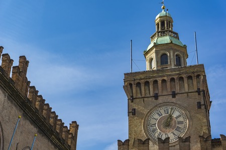 View at clock Tower on Palazzo Comunale in Bologna. Italyの写真素材
