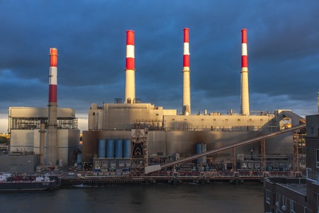 NEW YORK, USA - SEPTEMBER, 6, 2016: View at Ravenswood Generating Station on the East River in  New York, USA. It was built at 1965, and then was worlds largest steam energy generating facilityのeditorial素材