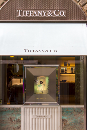 FLORENCE, ITALY - SEPTEMBER 18,  2016: Detail of Tiffany & co. shop in Florence, Italy. It  is an American multinational luxury jewelry and specialty retailer founded at 1837.のeditorial素材